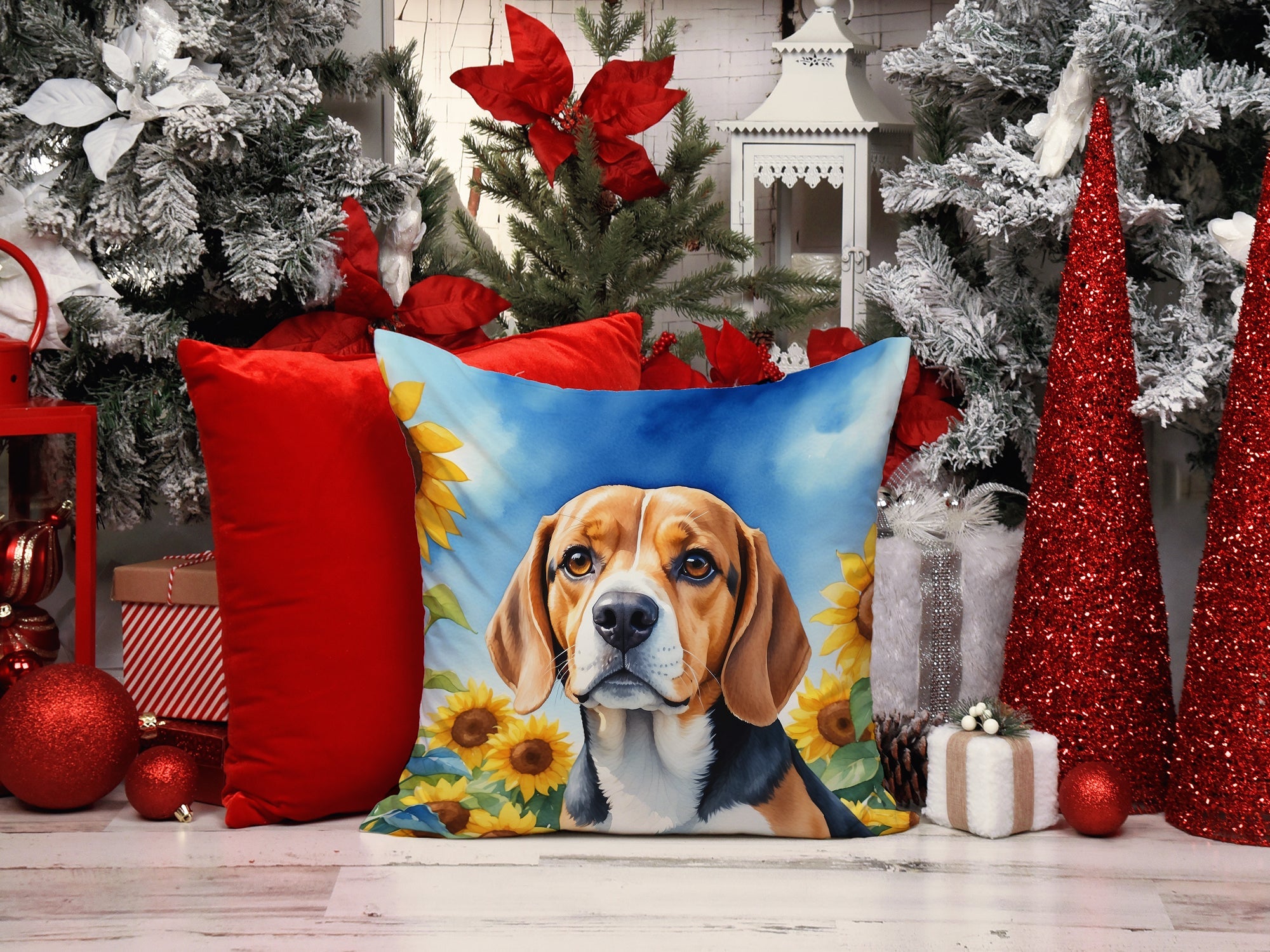 Beagle in Sunflowers Decorative Throw Pillow 14x14 Indoor Outdoor Accent Cushion, Fabric Cover with Insert for Sofa, Bed, Porch & Living Room