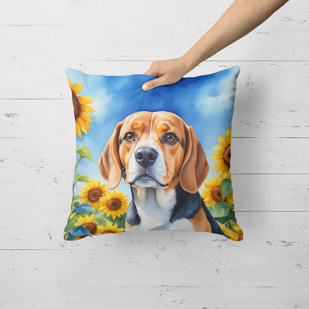 Beagle in Sunflowers Decorative Throw Pillow 18x18 Indoor Outdoor Accent Cushion, Fabric Cover with Insert for Sofa, Bed, Porch & Living Room