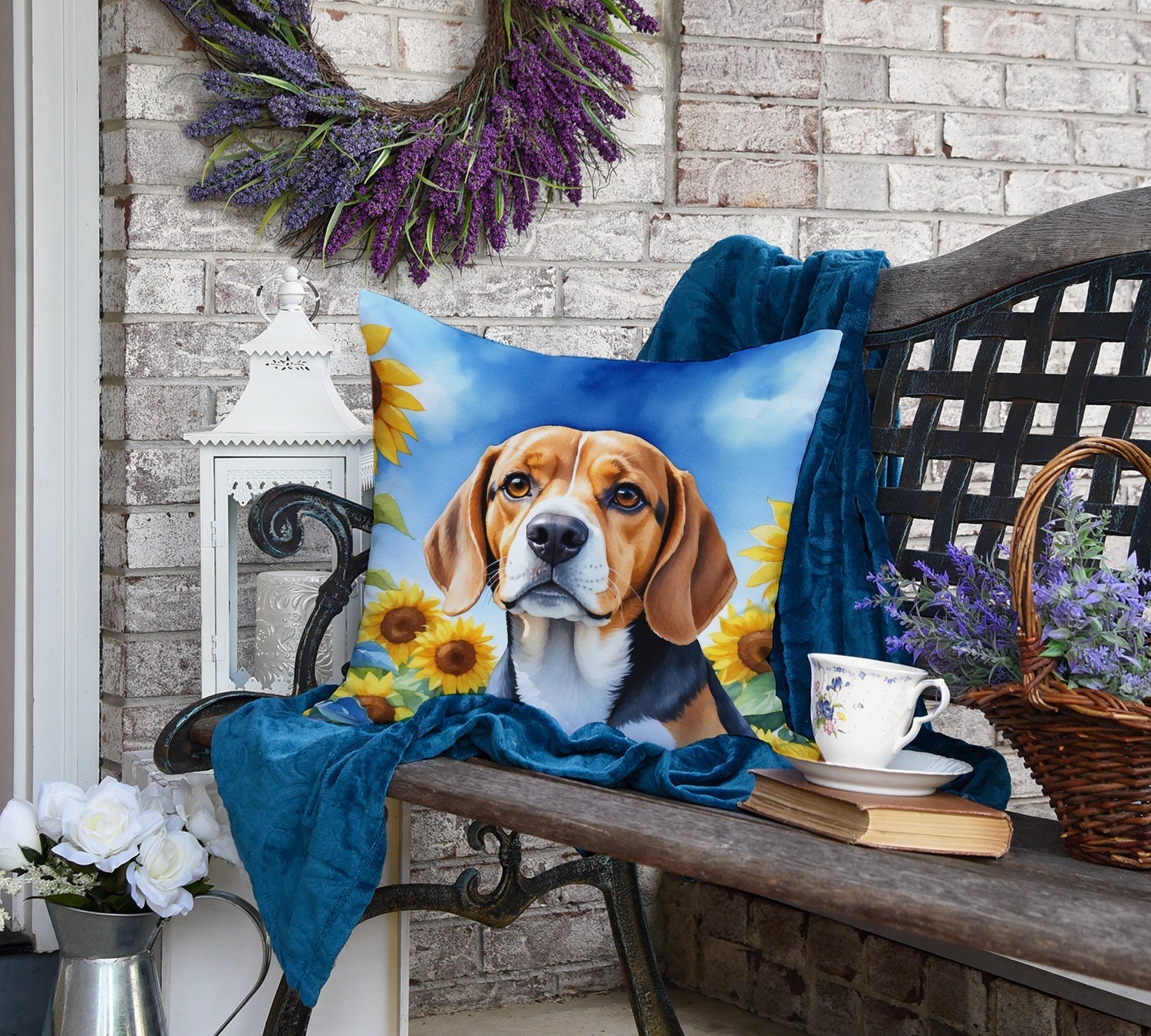 Beagle in Sunflowers Decorative Throw Pillow 18x18 Indoor Outdoor Accent Cushion, Fabric Cover with Insert for Sofa, Bed, Porch & Living Room
