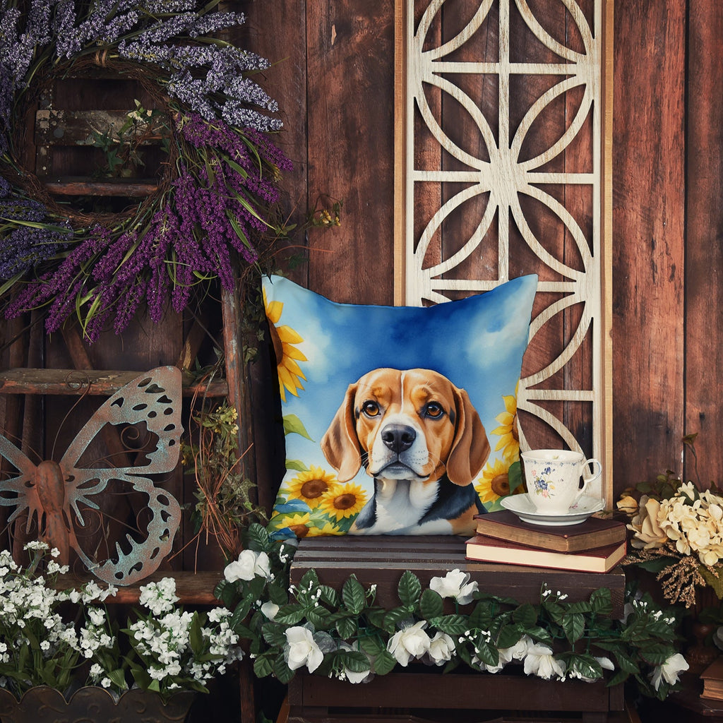 Beagle in Sunflowers Decorative Throw Pillow 18x18 Indoor Outdoor Accent Cushion, Fabric Cover with Insert for Sofa, Bed, Porch & Living Room