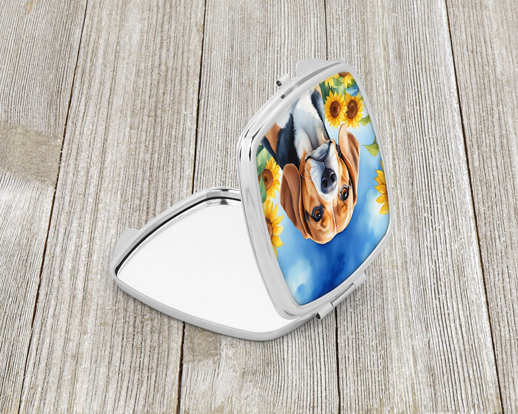 Beagle in Sunflowers Compact Mirror Decorative Travel Makeup Mirror for Women Girls Gifts Pocket Makeup Mirror Folding Handheld