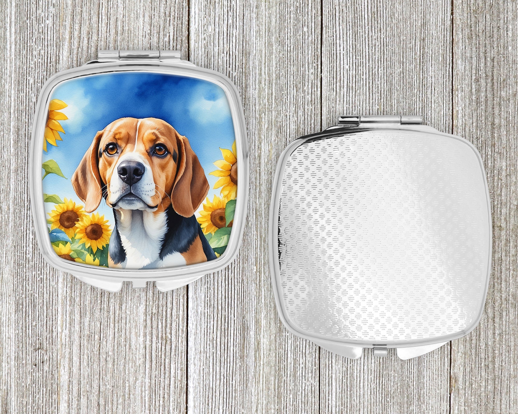 Beagle in Sunflowers Compact Mirror Decorative Travel Makeup Mirror for Women Girls Gifts Pocket Makeup Mirror Folding Handheld