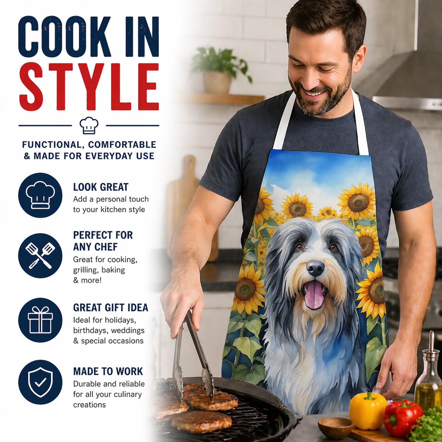 Bearded Collie in Sunflowers Apron Cooking Kitchen Server Baking Crafts Gardening for Adult Women Men, Unisex, Large, Multicolor