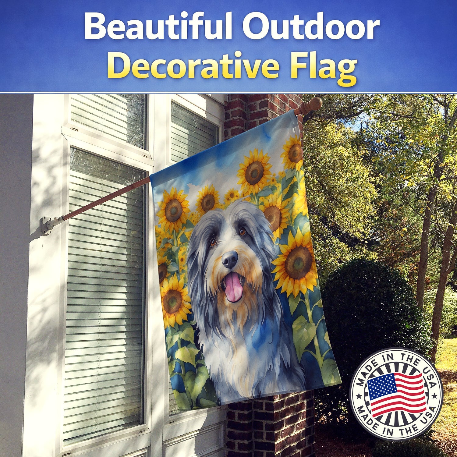 Bearded Collie in Sunflowers House Flag 28x40 Porch Sleeve Pole Decorative Outside Yard Banner Artwork Wall Hanging, Polyester
