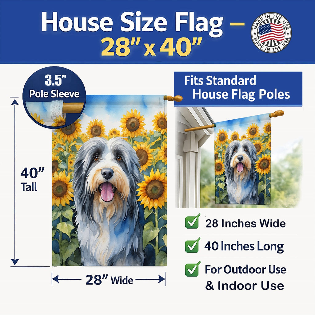 Bearded Collie in Sunflowers House Flag 28x40 Porch Sleeve Pole Decorative Outside Yard Banner Artwork Wall Hanging, Polyester