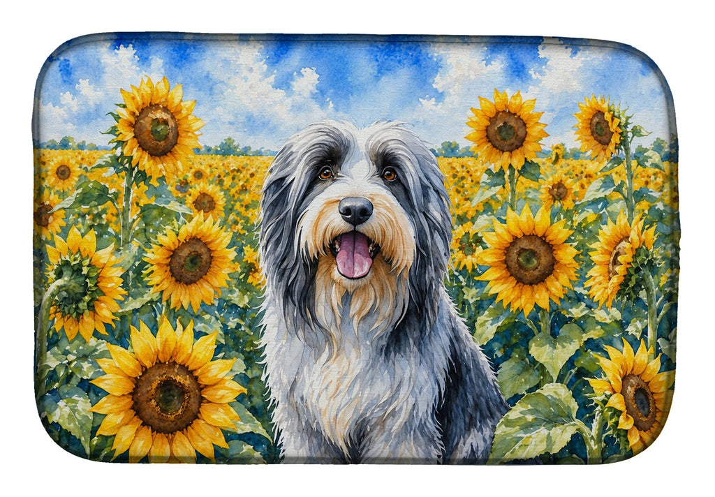 Bearded Collie in Sunflowers Dish Drying Mat Absorbent Dish Drying Mat Pad for Kitchen Counter Dish Drainer Mat for Countertop, 14 x 21", Multicolor