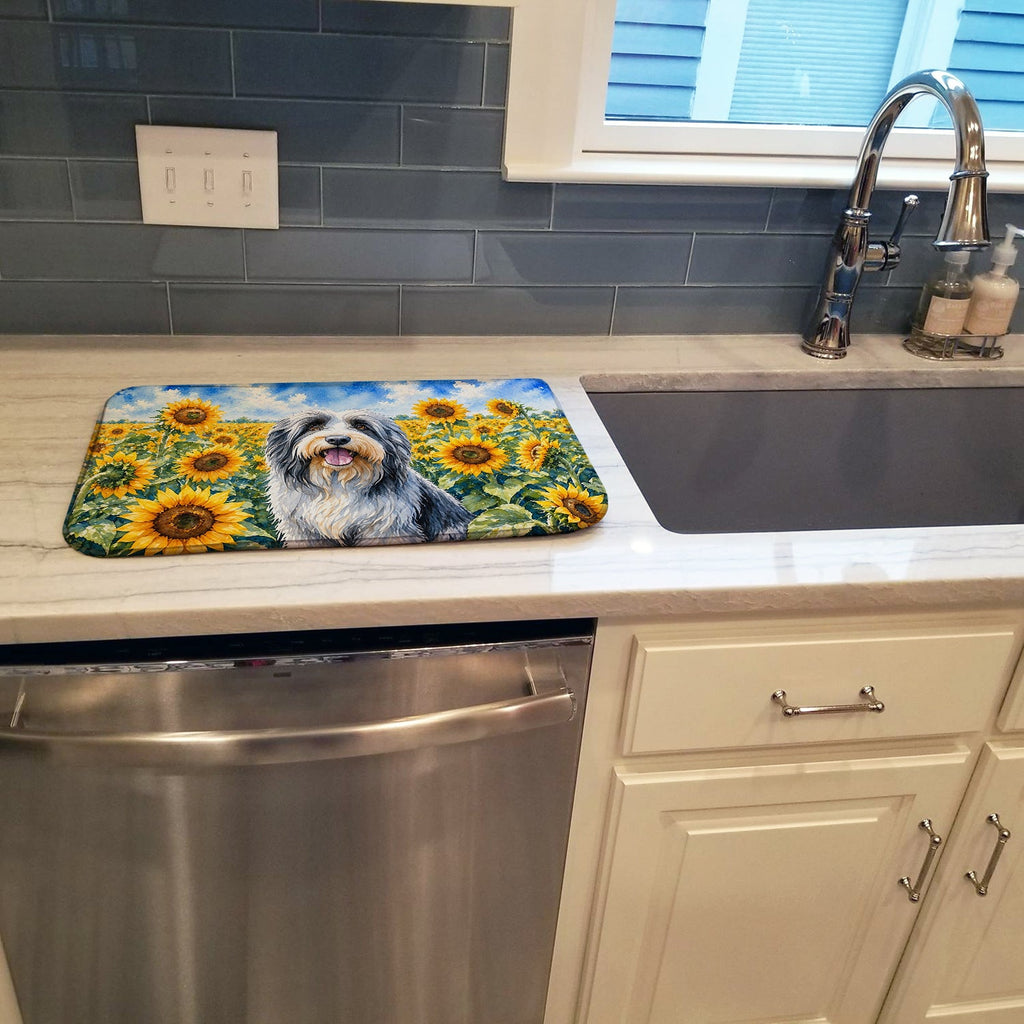 Bearded Collie in Sunflowers Dish Drying Mat Absorbent Dish Drying Mat Pad for Kitchen Counter Dish Drainer Mat for Countertop, 14 x 21", Multicolor