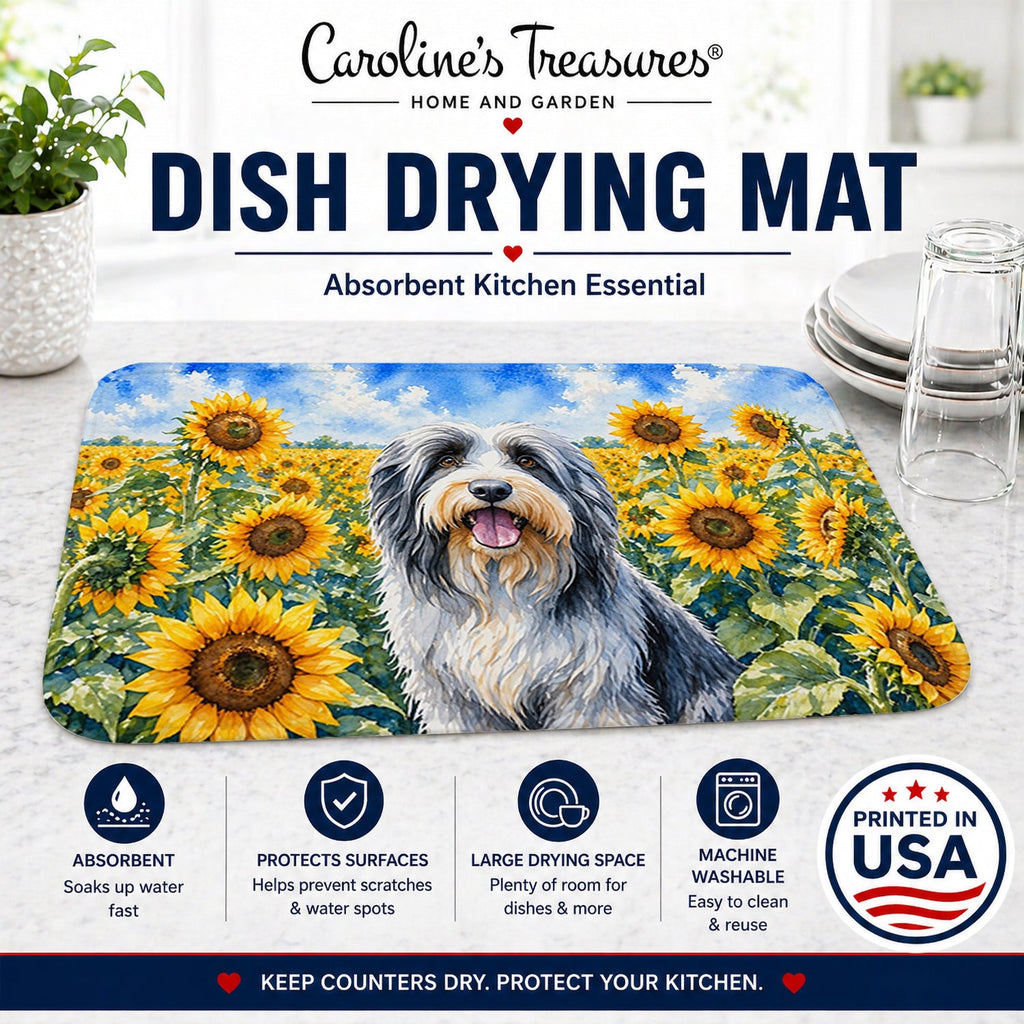 Bearded Collie in Sunflowers Dish Drying Mat Absorbent Dish Drying Mat Pad for Kitchen Counter Dish Drainer Mat for Countertop, 14 x 21", Multicolor