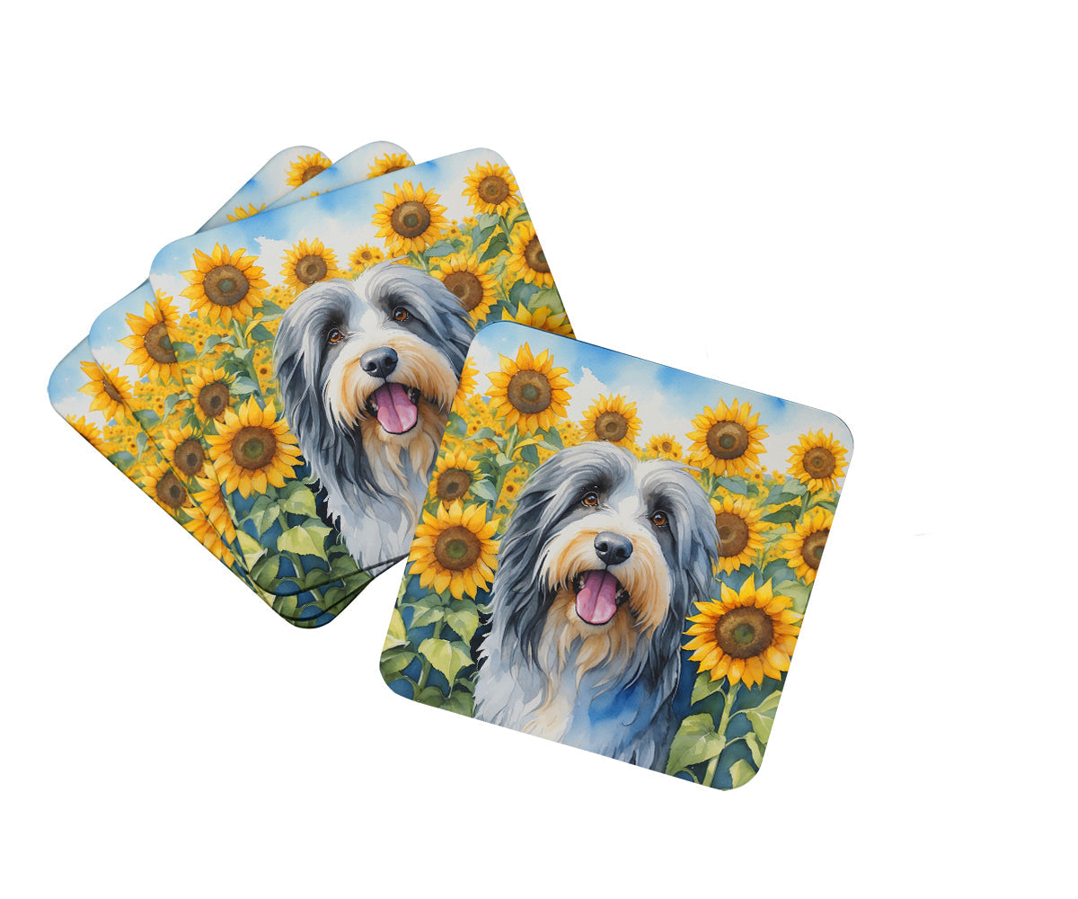 Bearded Collie in Sunflowers Foam Coasters Set of 4 Cup Coasters for Indoor Outdoor, Tabletop Protection, Anti Slip, Mouse pad Material