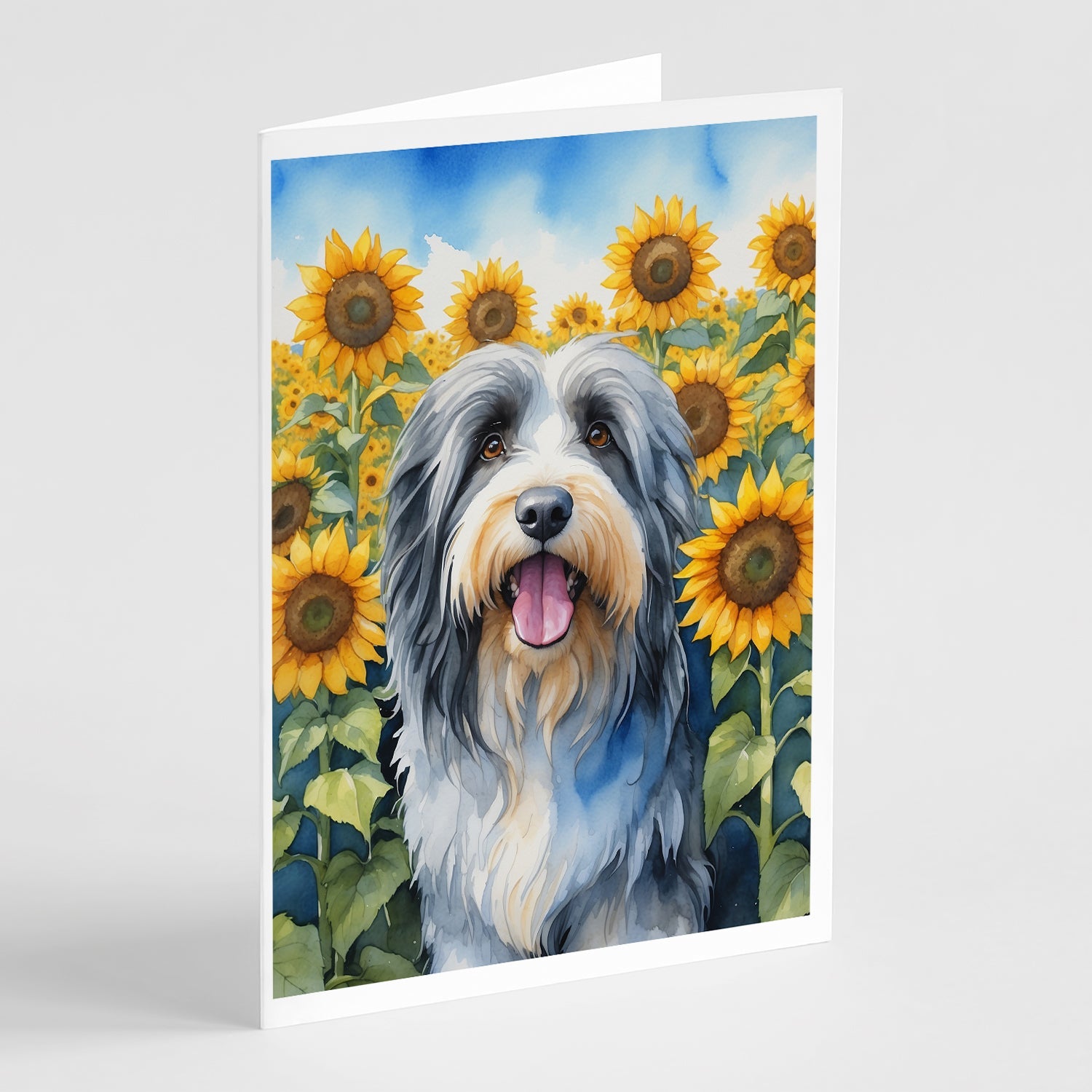 Bearded Collie in Sunflowers Greeting Cards Pack of 8 Blank Cards with Envelopes Whimsical A7 Size 5x7