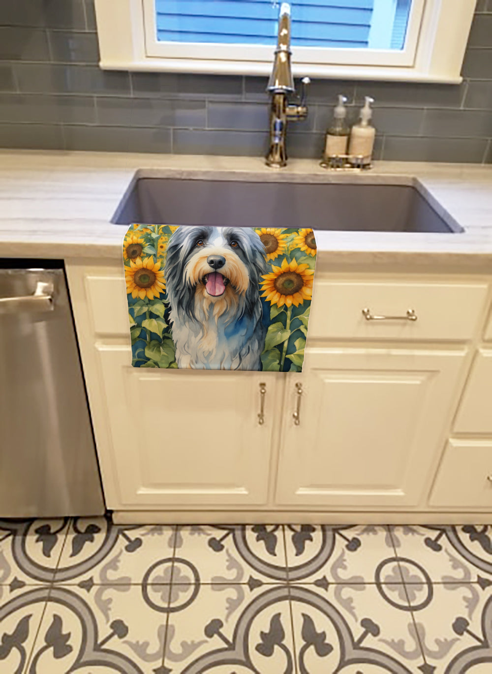 Bearded Collie in Sunflowers Kitchen Towel Velour Plush Front and Cotton Loop Back Machine Washable