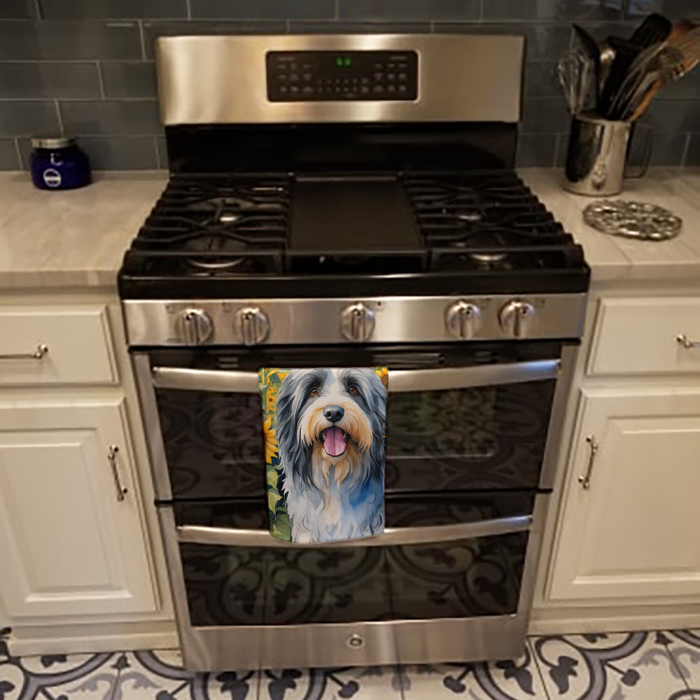 Bearded Collie in Sunflowers Kitchen Towel Velour Plush Front and Cotton Loop Back Machine Washable