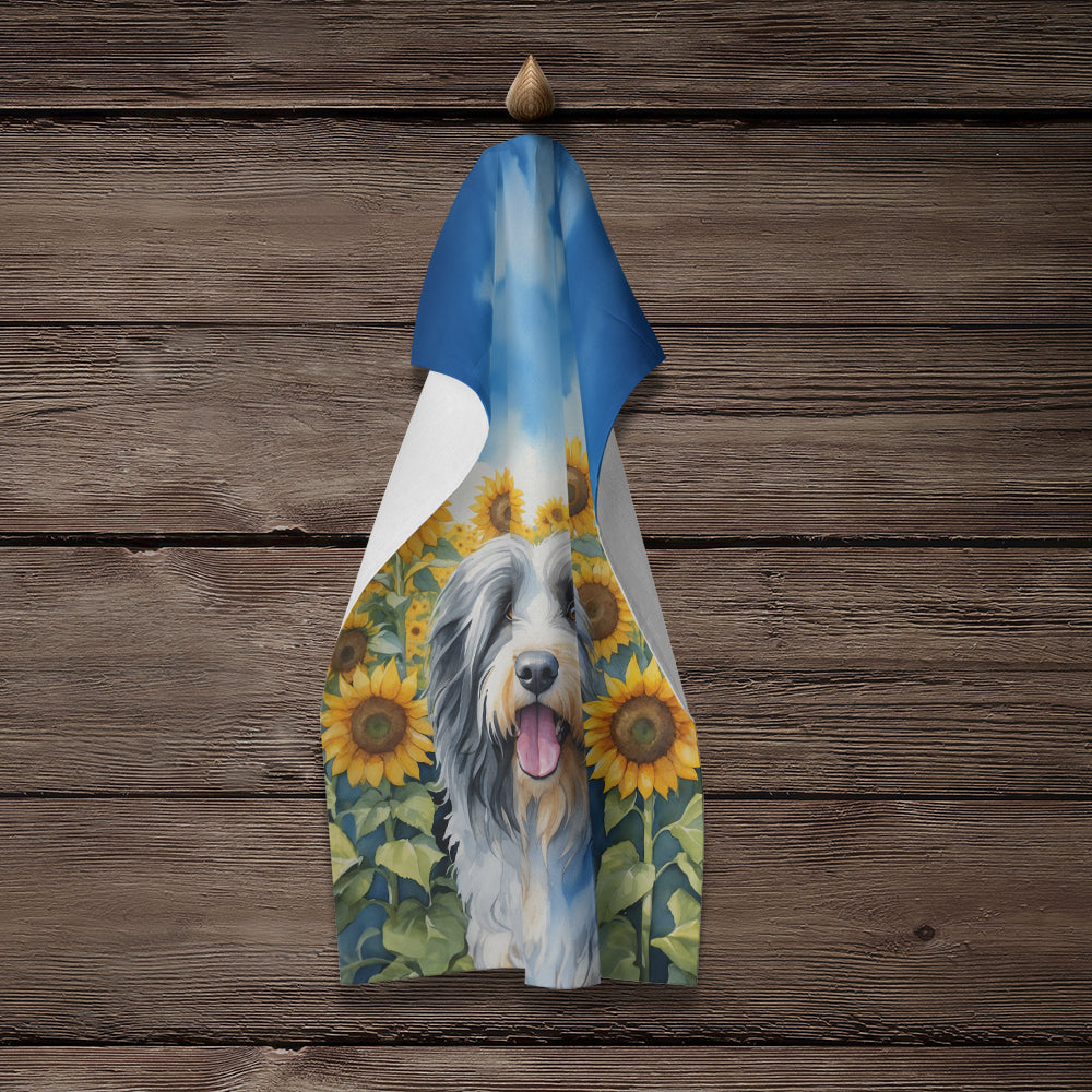 Bearded Collie in Sunflowers Kitchen Towel Velour Plush Front and Cotton Loop Back Machine Washable