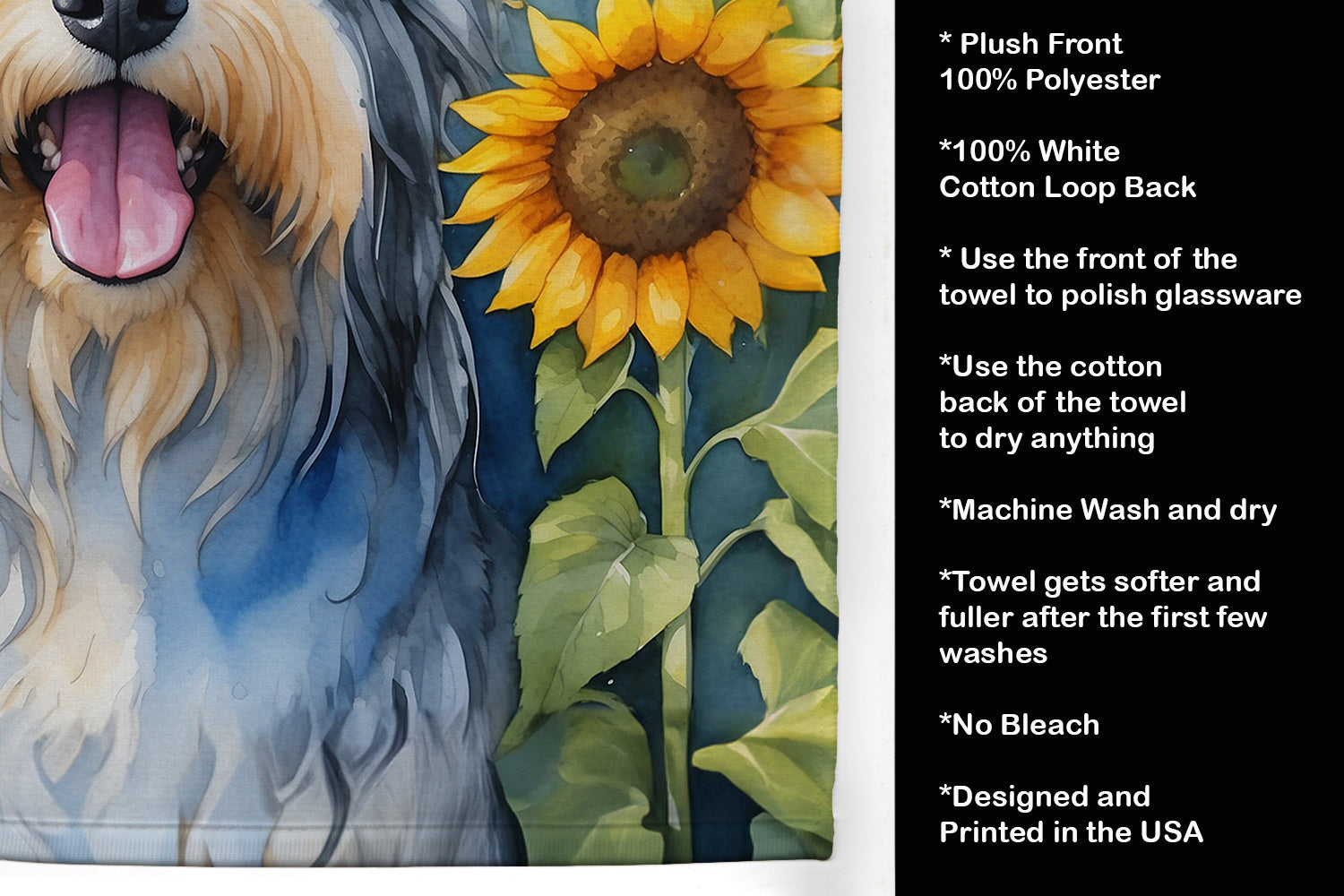 Bearded Collie in Sunflowers Kitchen Towel Velour Plush Front and Cotton Loop Back Machine Washable
