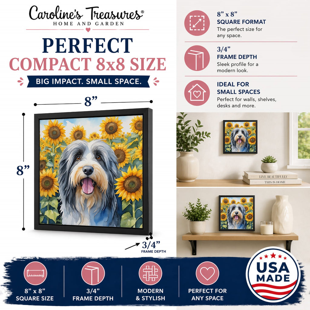 Bearded Collie in Sunflowers Framed Metal Print Bathroom, Kitchen, Office, Home Decor Wall Art Ready to Hang, Square, 8X8