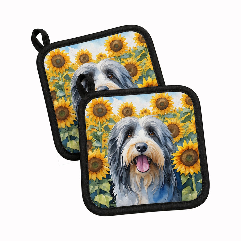 Bearded Collie in Sunflowers Pot Holder Set of 2 Heat Resistant Quilted Hot Pads 7.5 x 7.5 Inch, Insulated Kitchen Trivets for Cooking & Baking