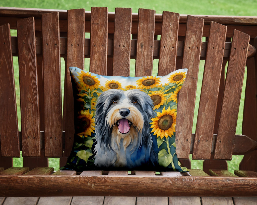 Bearded Collie in Sunflowers Decorative Throw Pillow 14x14 Indoor Outdoor Accent Cushion, Fabric Cover with Insert for Sofa, Bed, Porch & Living Room