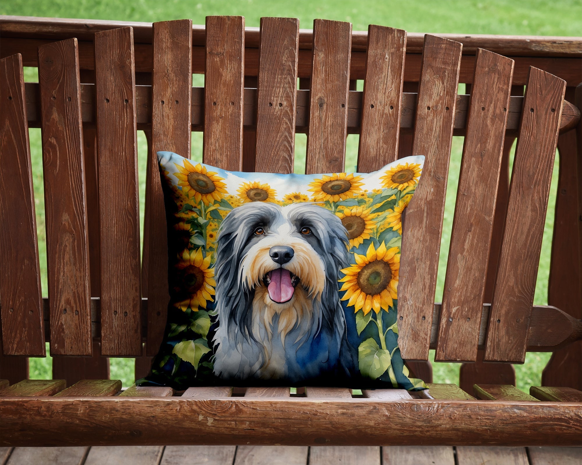 Bearded Collie in Sunflowers Decorative Throw Pillow 14x14 Indoor Outdoor Accent Cushion, Fabric Cover with Insert for Sofa, Bed, Porch & Living Room