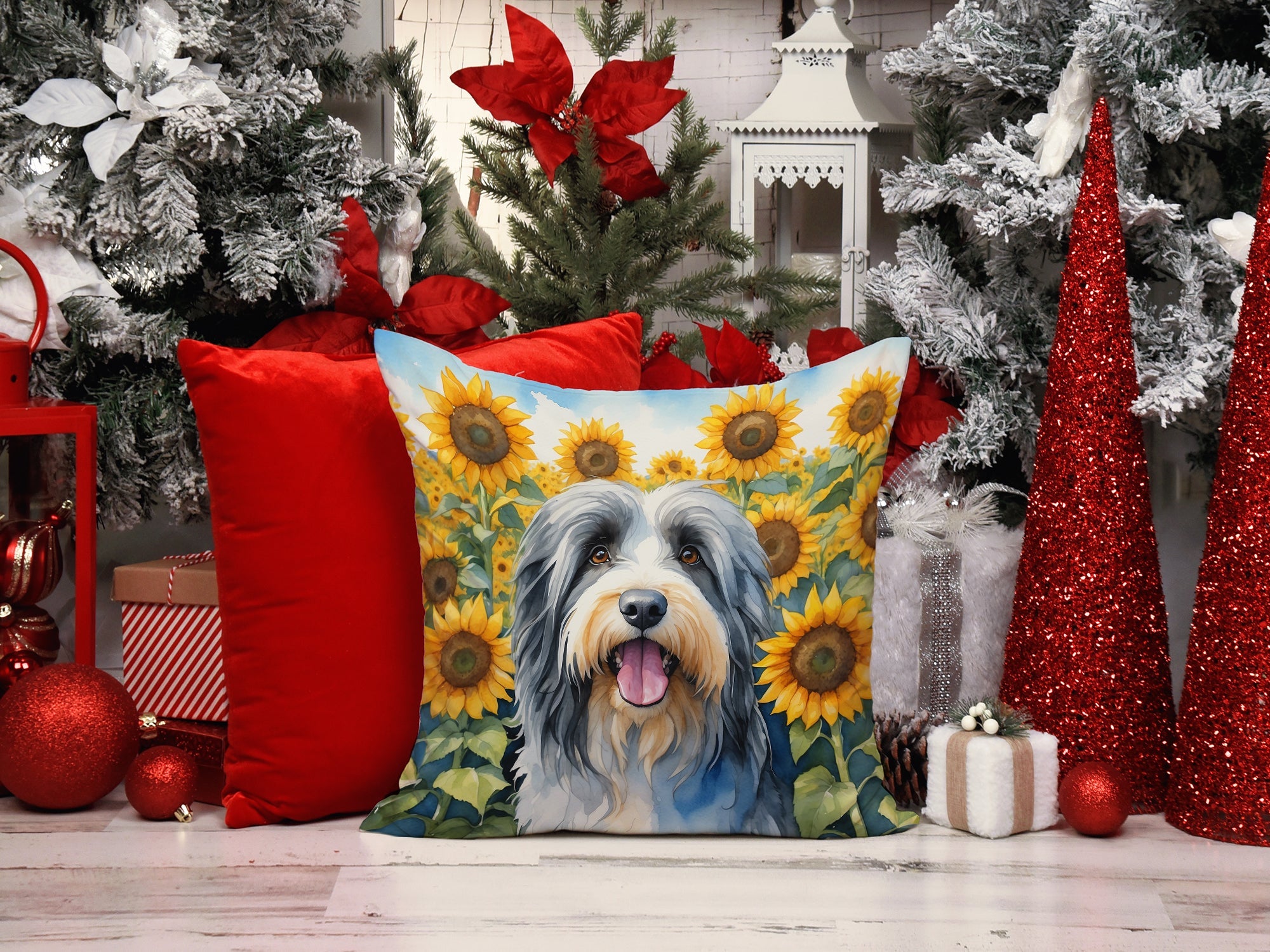 Bearded Collie in Sunflowers Decorative Throw Pillow 14x14 Indoor Outdoor Accent Cushion, Fabric Cover with Insert for Sofa, Bed, Porch & Living Room