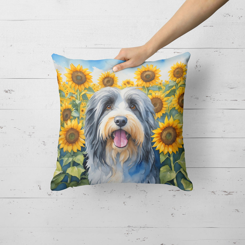 Bearded Collie in Sunflowers Decorative Throw Pillow 18x18 Indoor Outdoor Accent Cushion, Fabric Cover with Insert for Sofa, Bed, Porch & Living Room