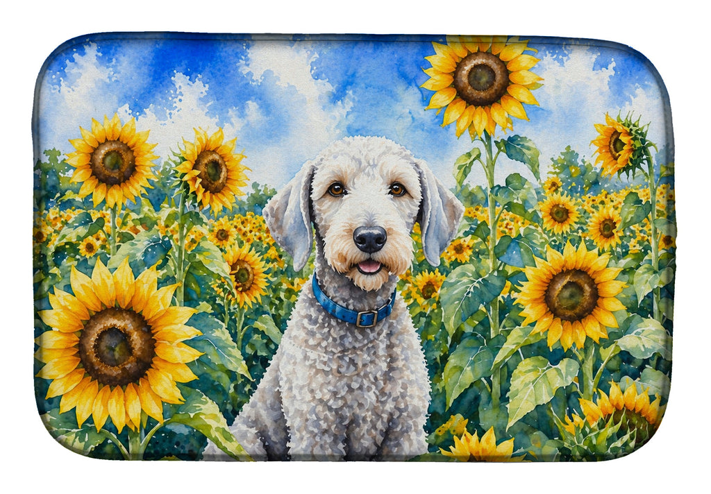 Bedlington Terrier in Sunflowers Dish Drying Mat Absorbent Dish Drying Mat Pad for Kitchen Counter Dish Drainer Mat for Countertop, 14 x 21", Multicolor