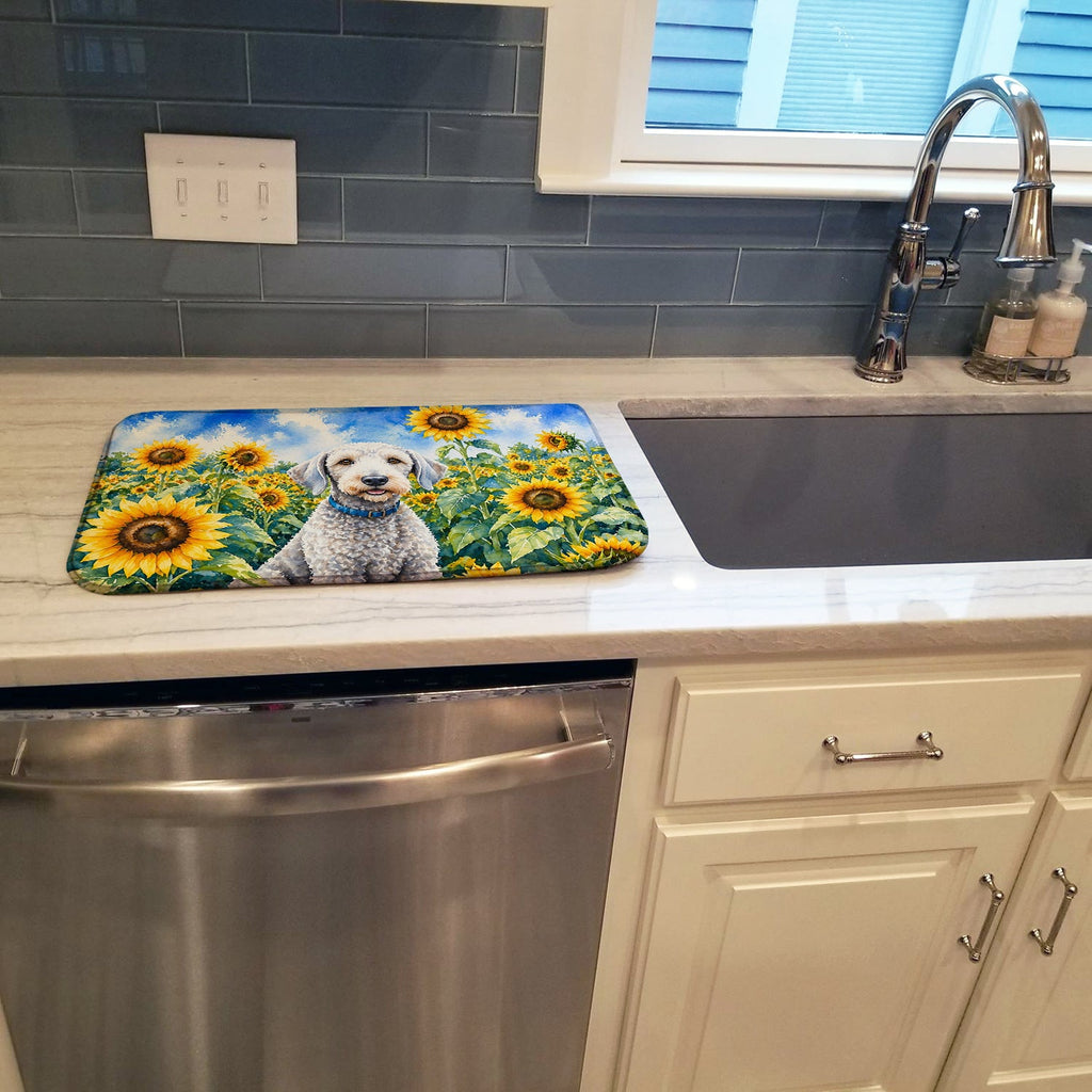 Bedlington Terrier in Sunflowers Dish Drying Mat Absorbent Dish Drying Mat Pad for Kitchen Counter Dish Drainer Mat for Countertop, 14 x 21", Multicolor