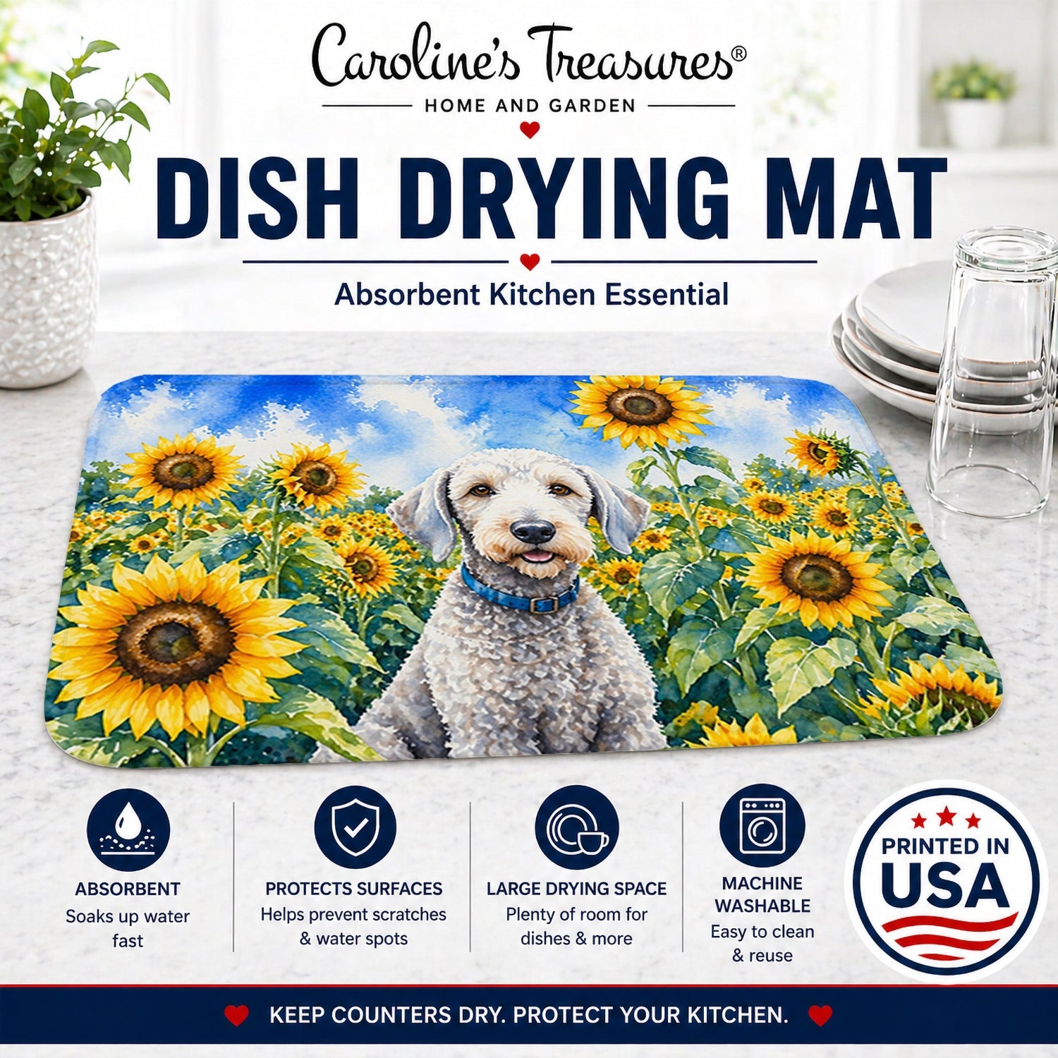Bedlington Terrier in Sunflowers Dish Drying Mat Absorbent Dish Drying Mat Pad for Kitchen Counter Dish Drainer Mat for Countertop, 14 x 21", Multicolor