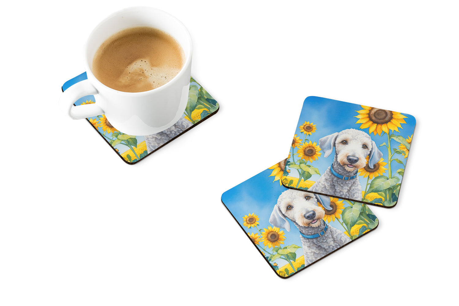 Bedlington Terrier in Sunflowers Foam Coasters Set of 4 Cup Coasters for Indoor Outdoor, Tabletop Protection, Anti Slip, Mouse pad Material