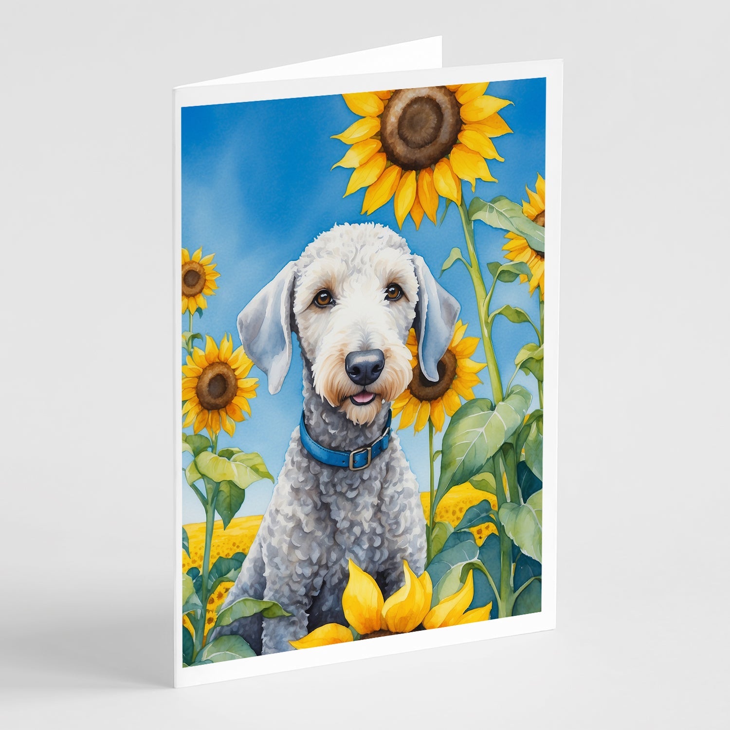 Bedlington Terrier in Sunflowers Greeting Cards Pack of 8 Blank Cards with Envelopes Whimsical A7 Size 5x7