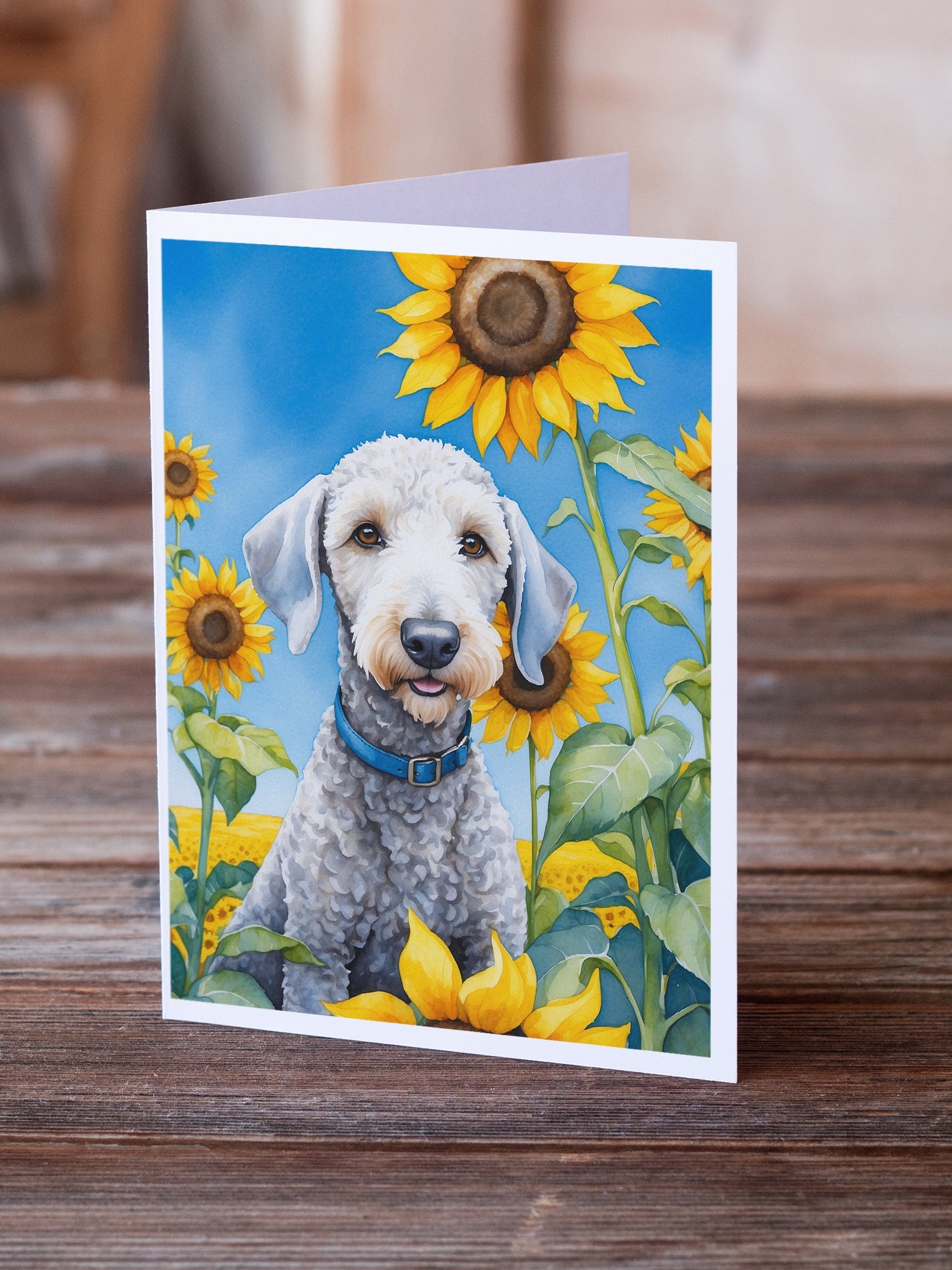 Bedlington Terrier in Sunflowers Greeting Cards Pack of 8 Blank Cards with Envelopes Whimsical A7 Size 5x7