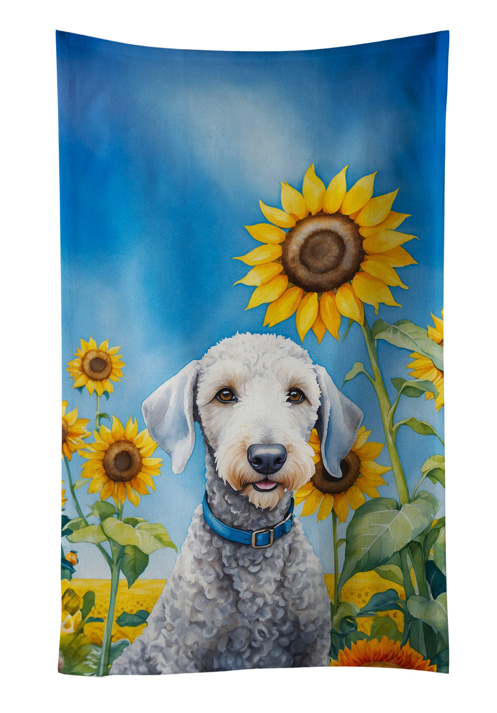 Bedlington Terrier in Sunflowers Kitchen Towel Velour Plush Front and Cotton Loop Back Machine Washable