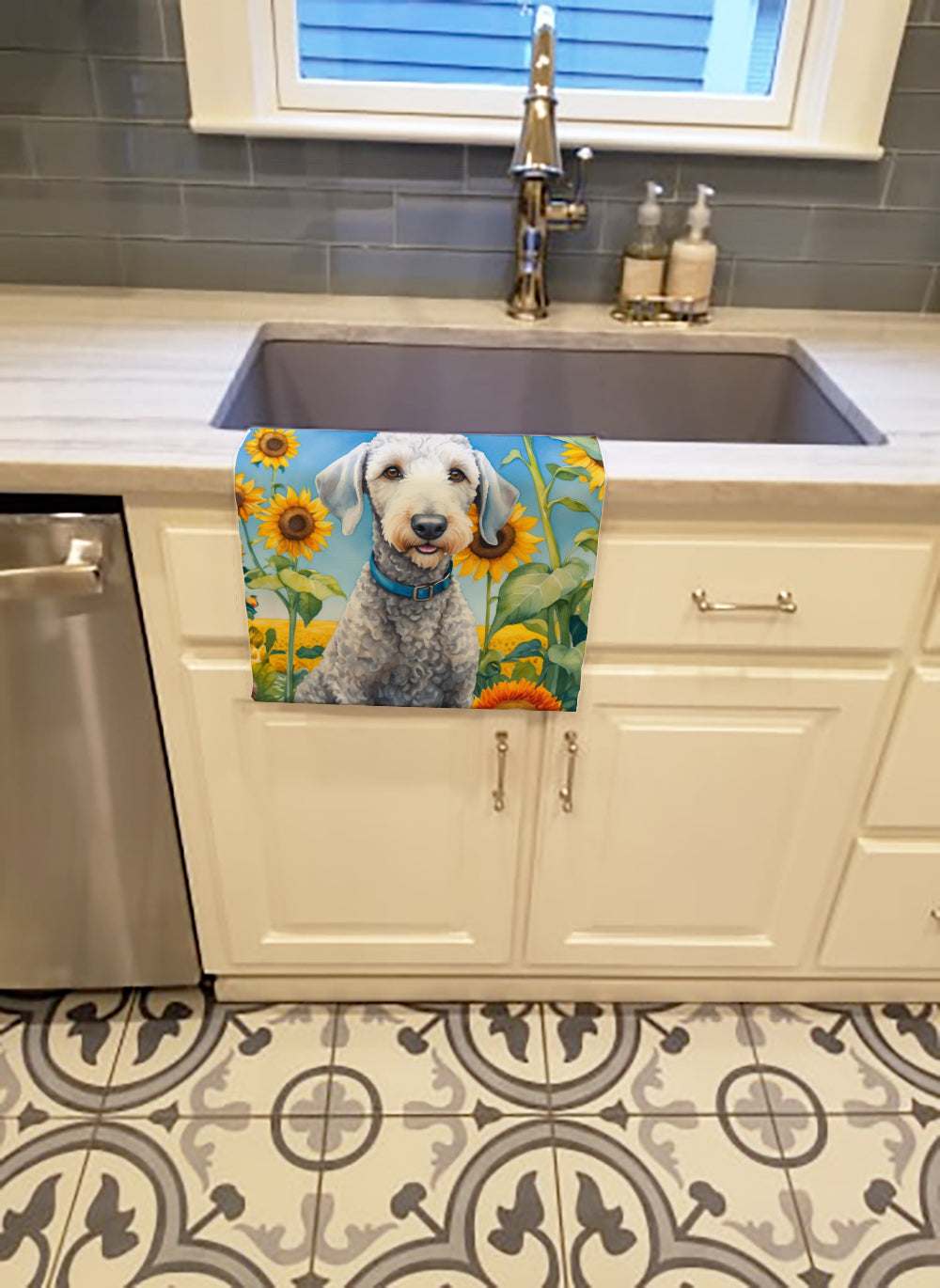 Bedlington Terrier in Sunflowers Kitchen Towel Velour Plush Front and Cotton Loop Back Machine Washable