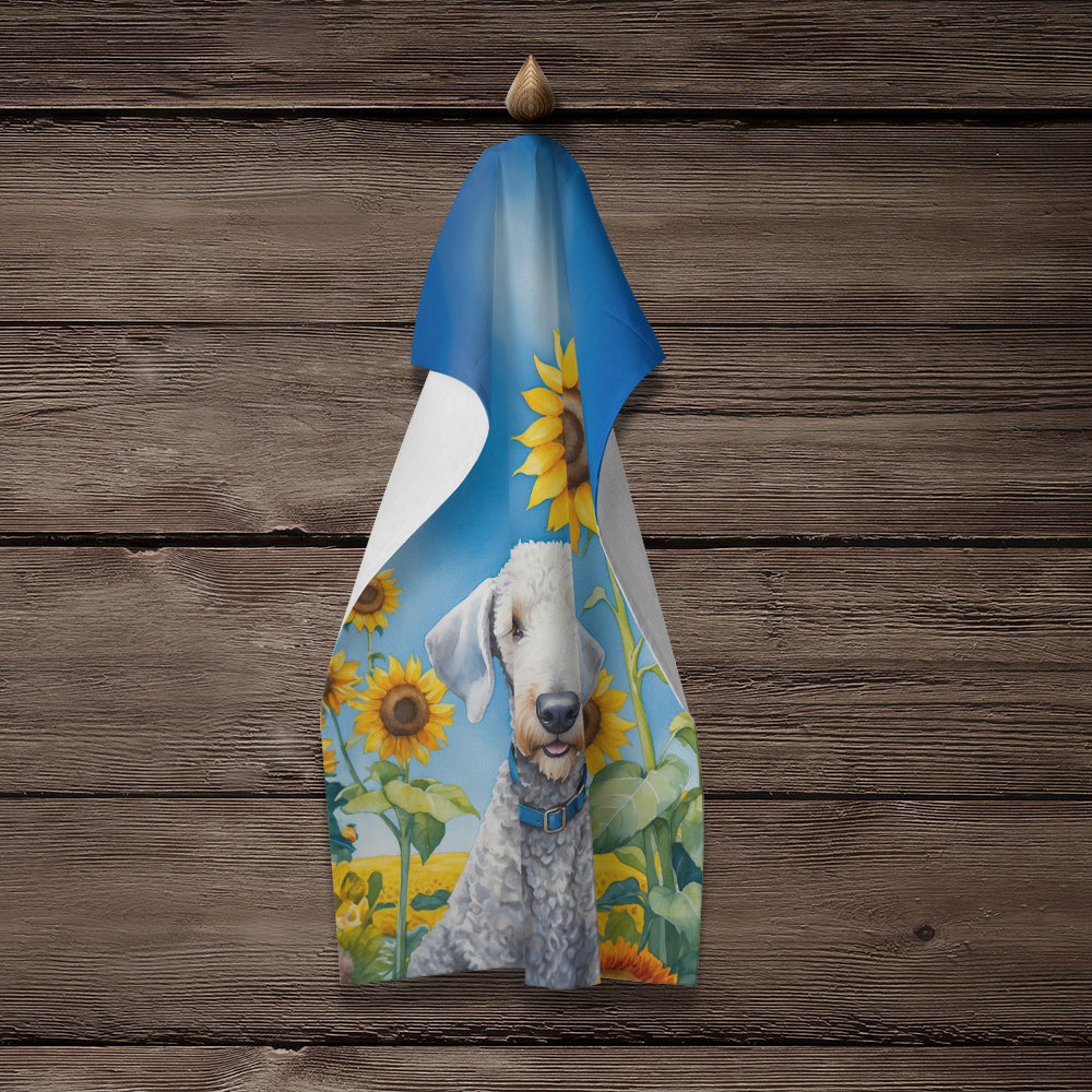 Bedlington Terrier in Sunflowers Kitchen Towel Velour Plush Front and Cotton Loop Back Machine Washable