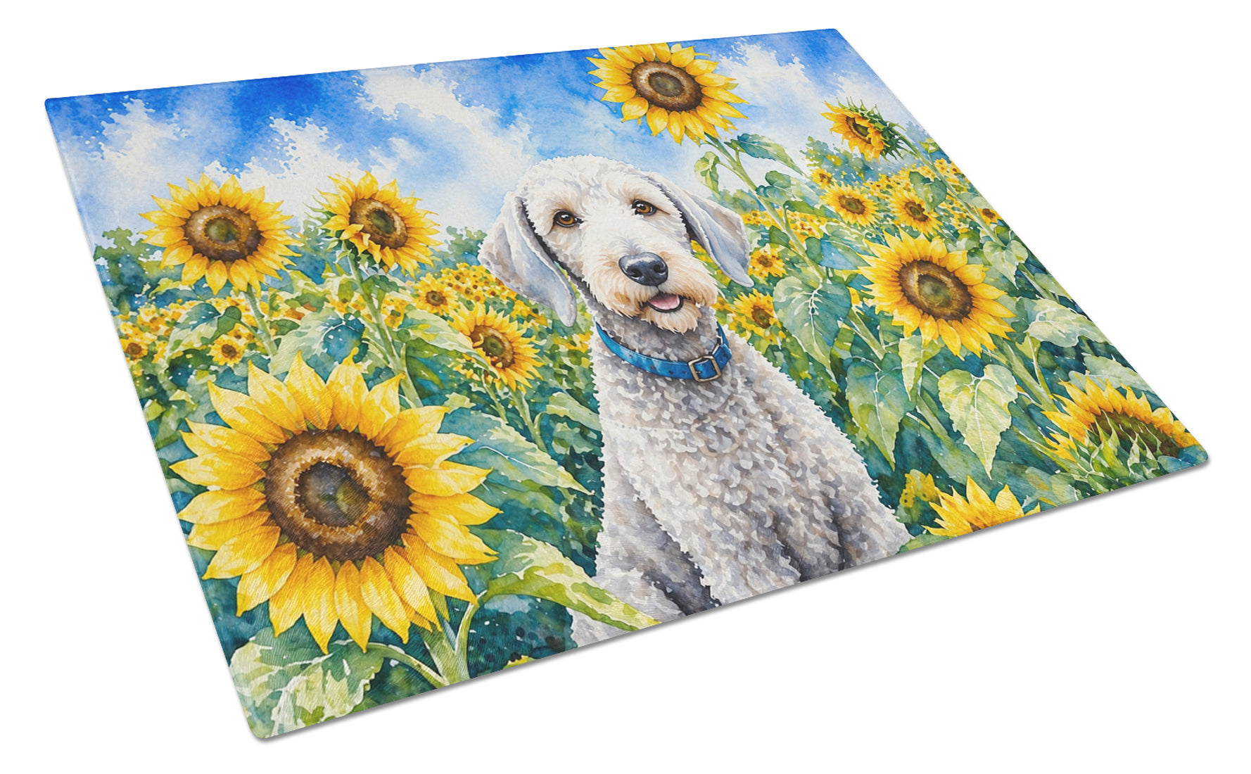 Bedlington Terrier in Sunflowers Cutting Board Tempered Glass Kitchen Cutting Surface, Heat Resistant Chopping Board with Non-Slip Feet, Decorative Food Prep & Serving