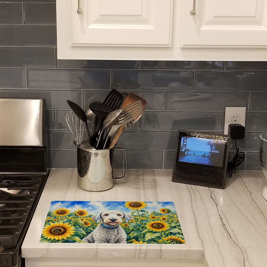 Bedlington Terrier in Sunflowers Cutting Board Tempered Glass Kitchen Cutting Surface, Heat Resistant Chopping Board with Non-Slip Feet, Decorative Food Prep & Serving