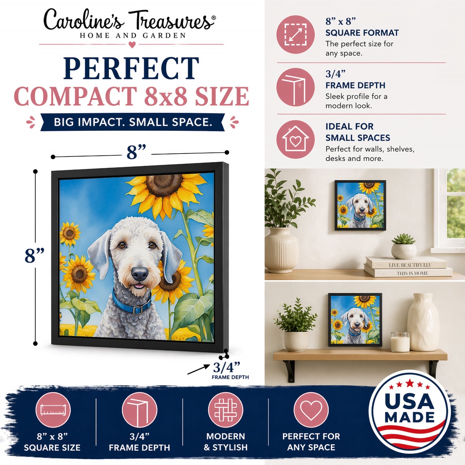 Bedlington Terrier in Sunflowers Framed Metal Print Bathroom, Kitchen, Office, Home Decor Wall Art Ready to Hang, Square, 8X8