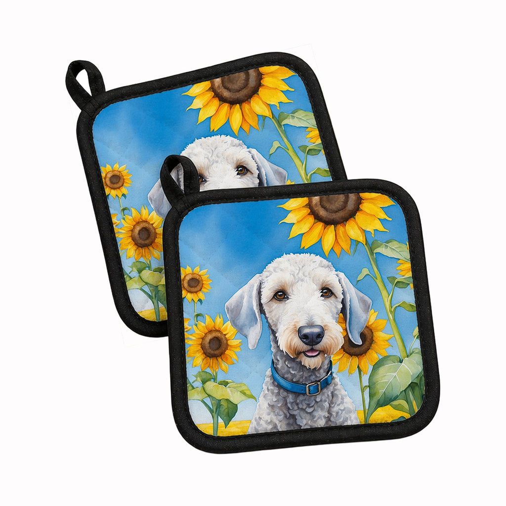 Bedlington Terrier in Sunflowers Pot Holder Set of 2 Heat Resistant Quilted Hot Pads 7.5 x 7.5 Inch, Insulated Kitchen Trivets for Cooking & Baking