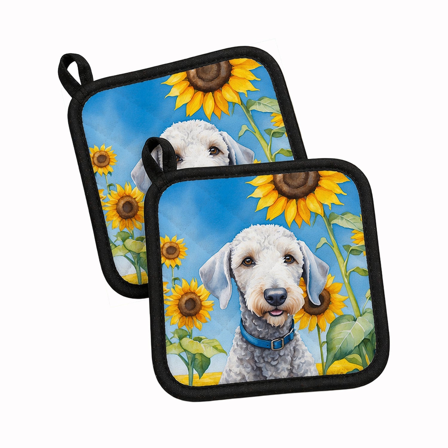Bedlington Terrier in Sunflowers Pot Holder Set of 2 Heat Resistant Quilted Hot Pads 7.5 x 7.5 Inch, Insulated Kitchen Trivets for Cooking & Baking