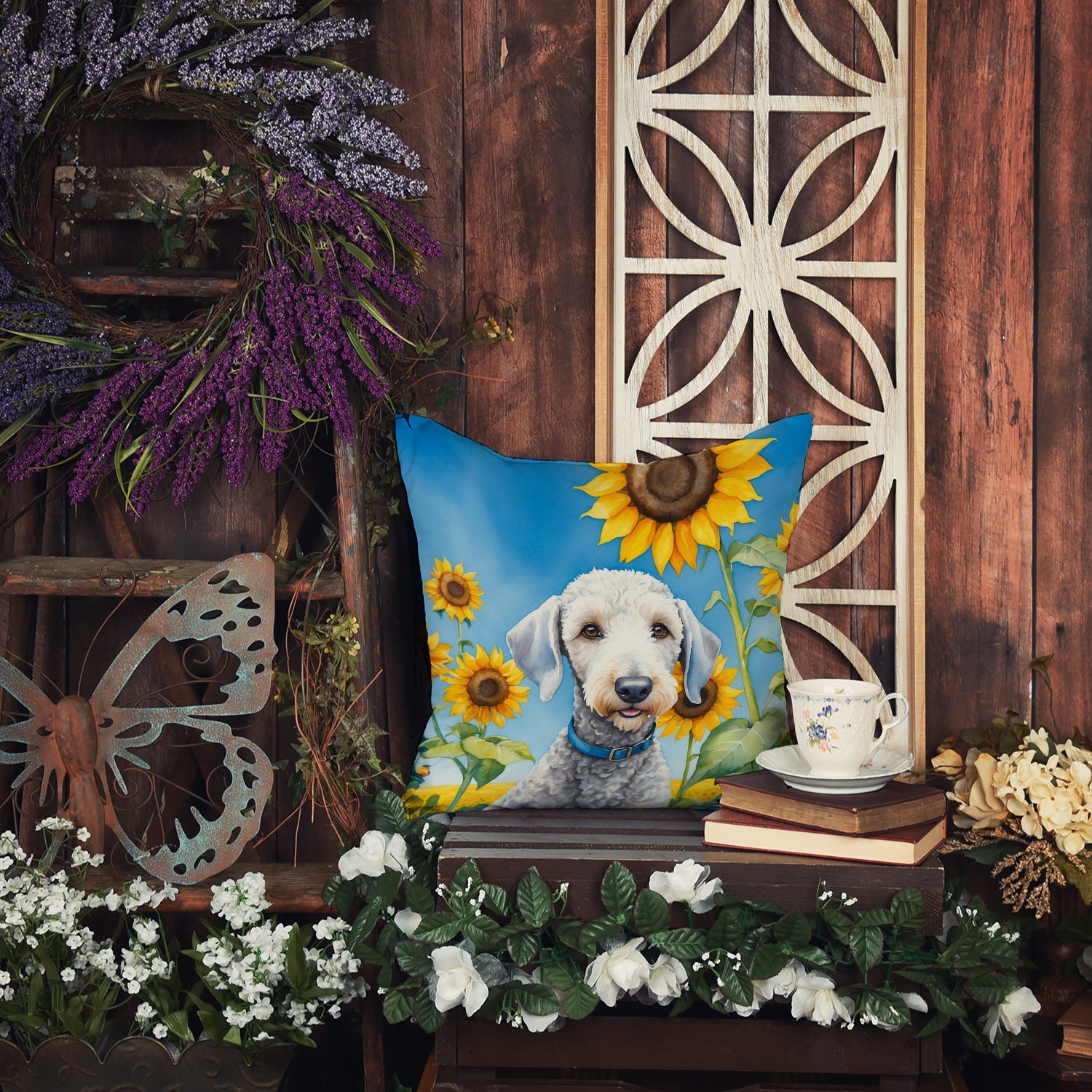 Bedlington Terrier in Sunflowers Decorative Throw Pillow 18x18 Indoor Outdoor Accent Cushion, Fabric Cover with Insert for Sofa, Bed, Porch & Living Room