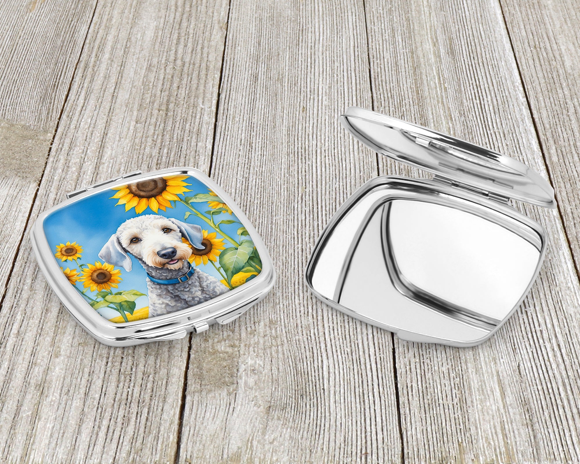 Bedlington Terrier in Sunflowers Compact Mirror Decorative Travel Makeup Mirror for Women Girls Gifts Pocket Makeup Mirror Folding Handheld