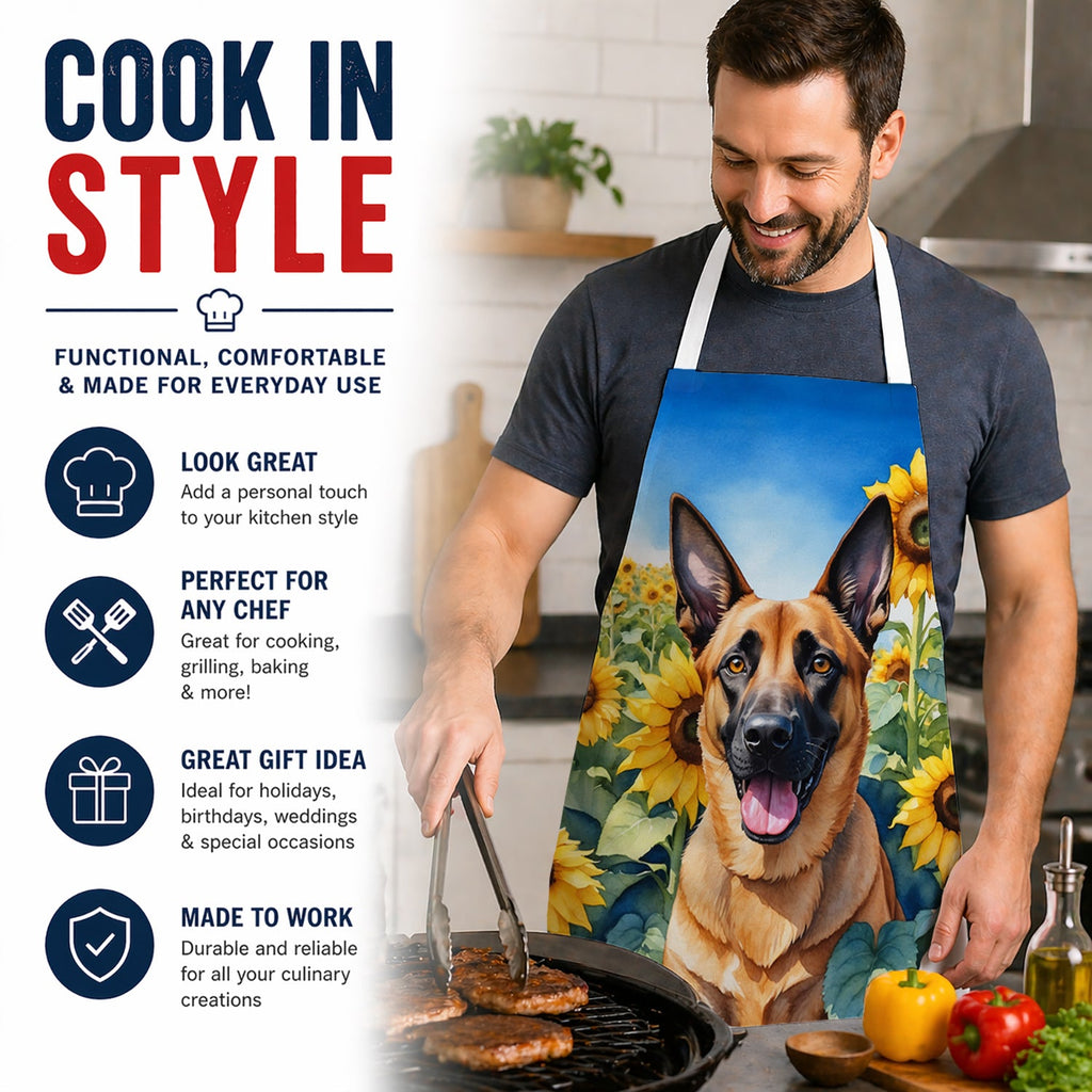 Belgian Malinois in Sunflowers Apron Cooking Kitchen Server Baking Crafts Gardening for Adult Women Men, Unisex, Large, Multicolor
