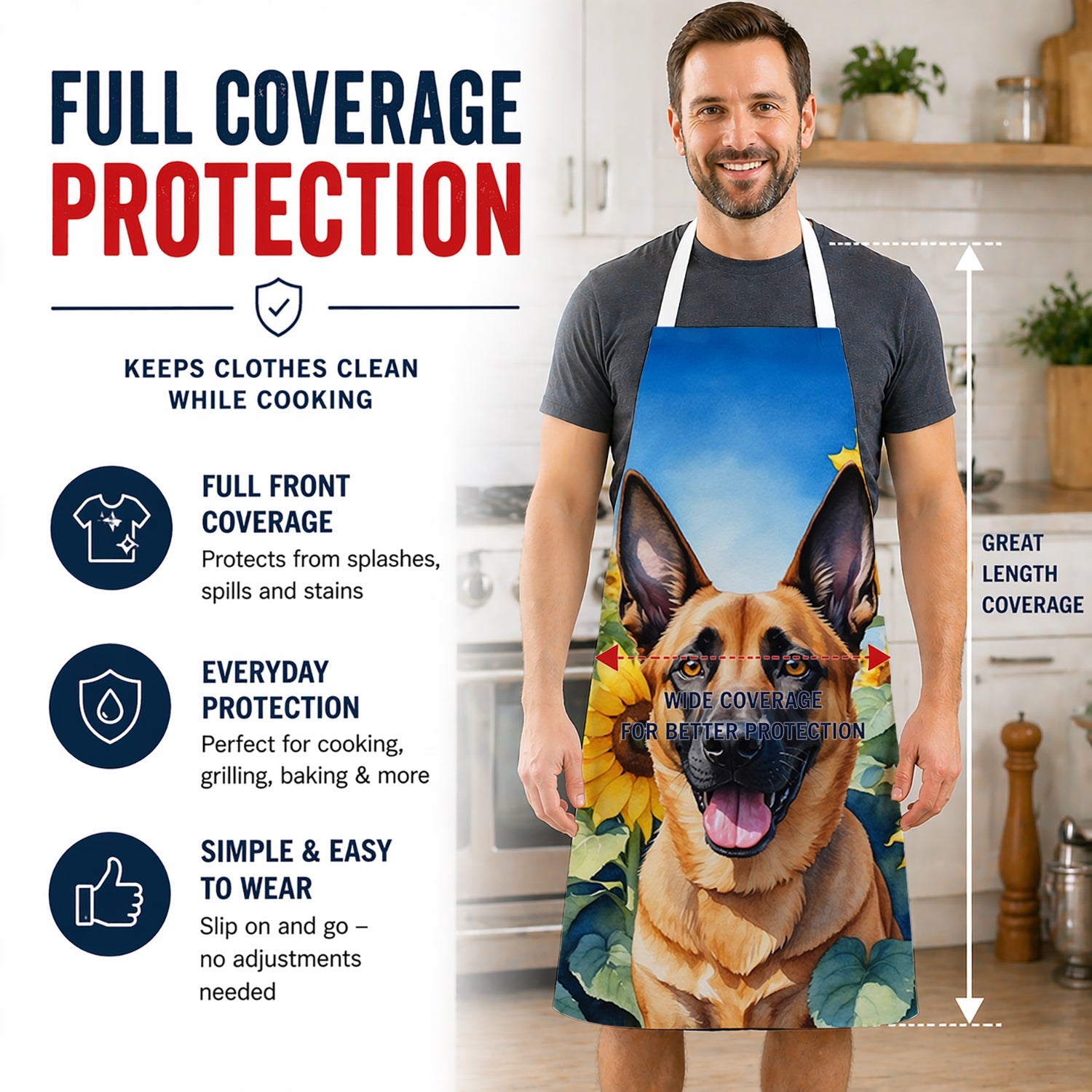 Belgian Malinois in Sunflowers Apron Cooking Kitchen Server Baking Crafts Gardening for Adult Women Men, Unisex, Large, Multicolor