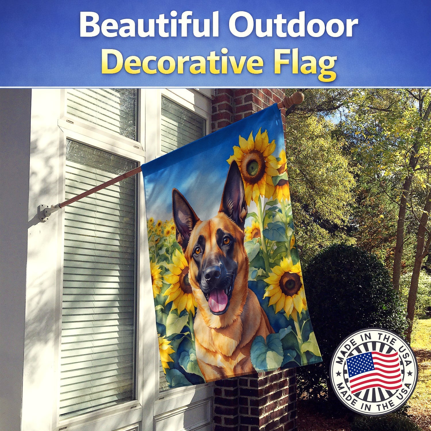 Belgian Malinois in Sunflowers House Flag 28x40 Porch Sleeve Pole Decorative Outside Yard Banner Artwork Wall Hanging, Polyester