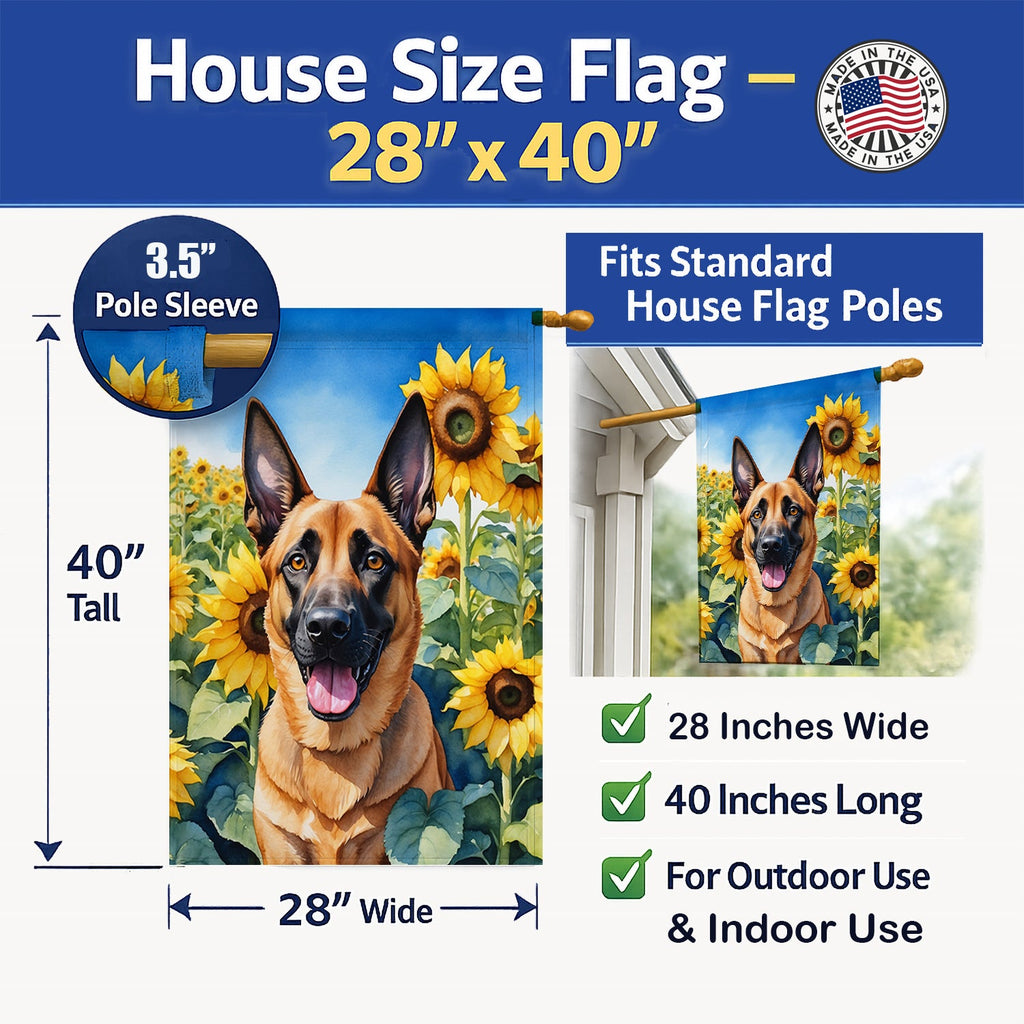 Belgian Malinois in Sunflowers House Flag 28x40 Porch Sleeve Pole Decorative Outside Yard Banner Artwork Wall Hanging, Polyester