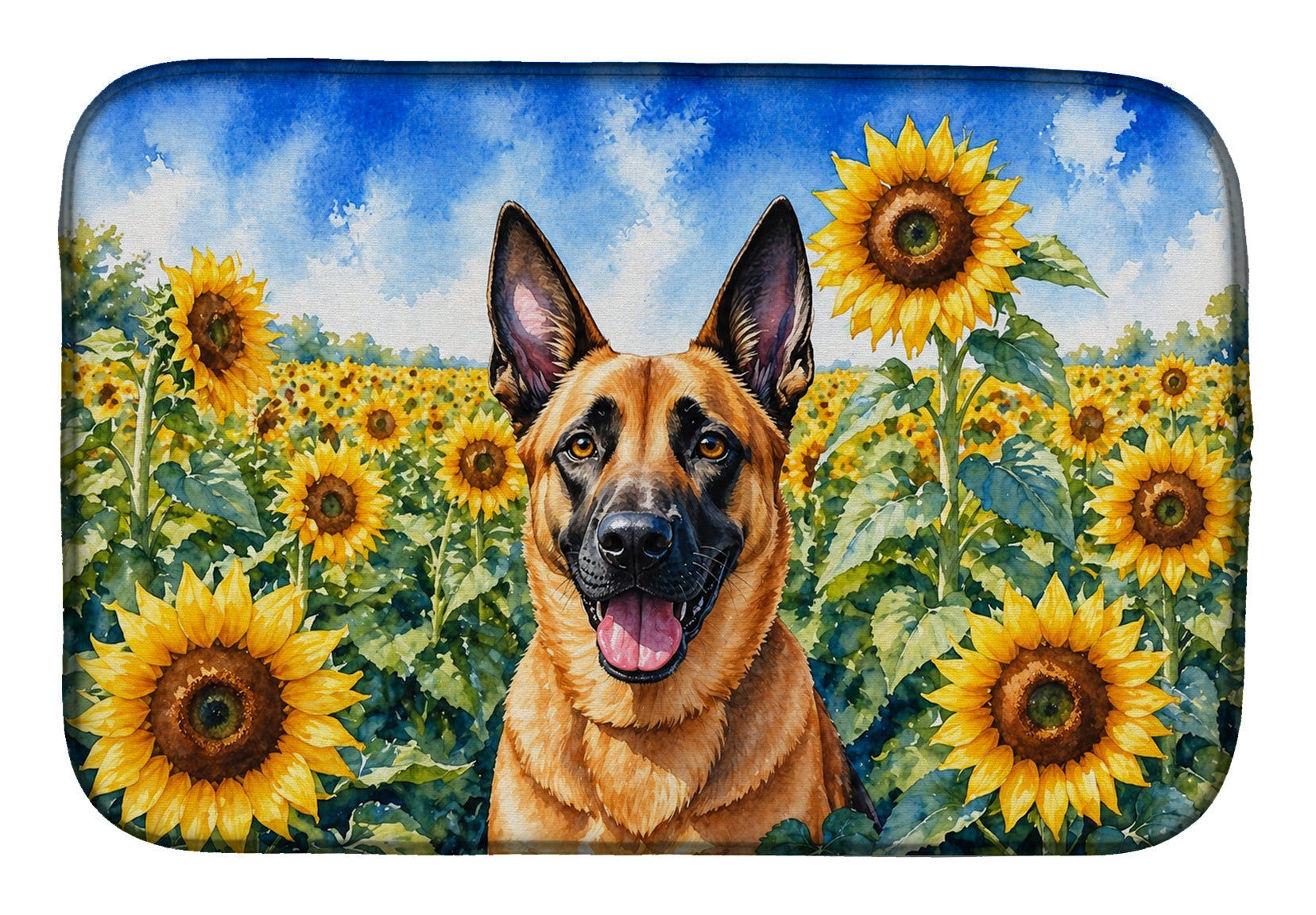 Belgian Malinois in Sunflowers Dish Drying Mat Absorbent Dish Drying Mat Pad for Kitchen Counter Dish Drainer Mat for Countertop, 14 x 21", Multicolor