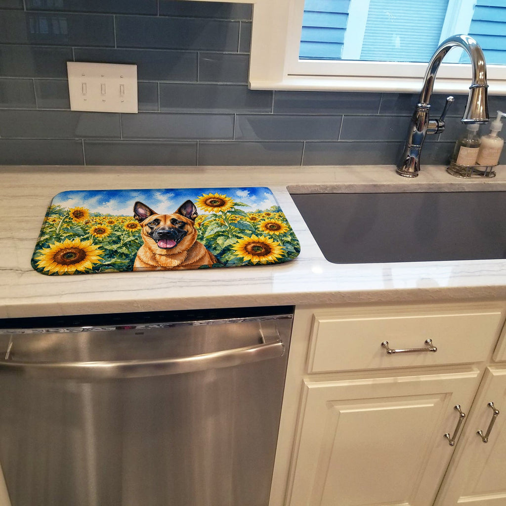 Belgian Malinois in Sunflowers Dish Drying Mat Absorbent Dish Drying Mat Pad for Kitchen Counter Dish Drainer Mat for Countertop, 14 x 21", Multicolor