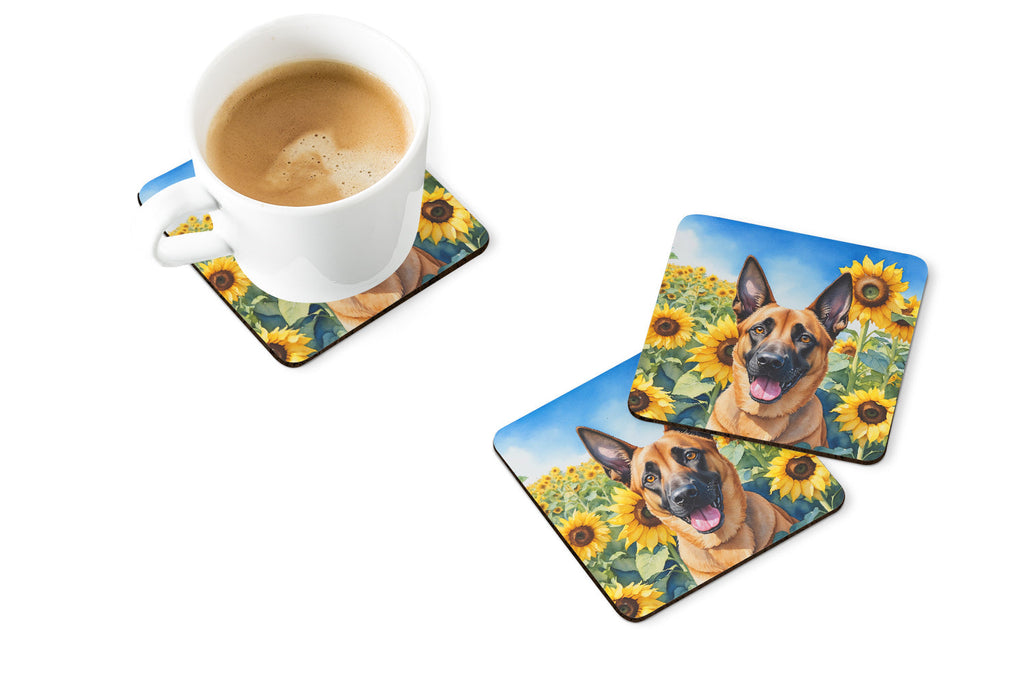 Belgian Malinois in Sunflowers Foam Coasters Set of 4 Cup Coasters for Indoor Outdoor, Tabletop Protection, Anti Slip, Mouse pad Material