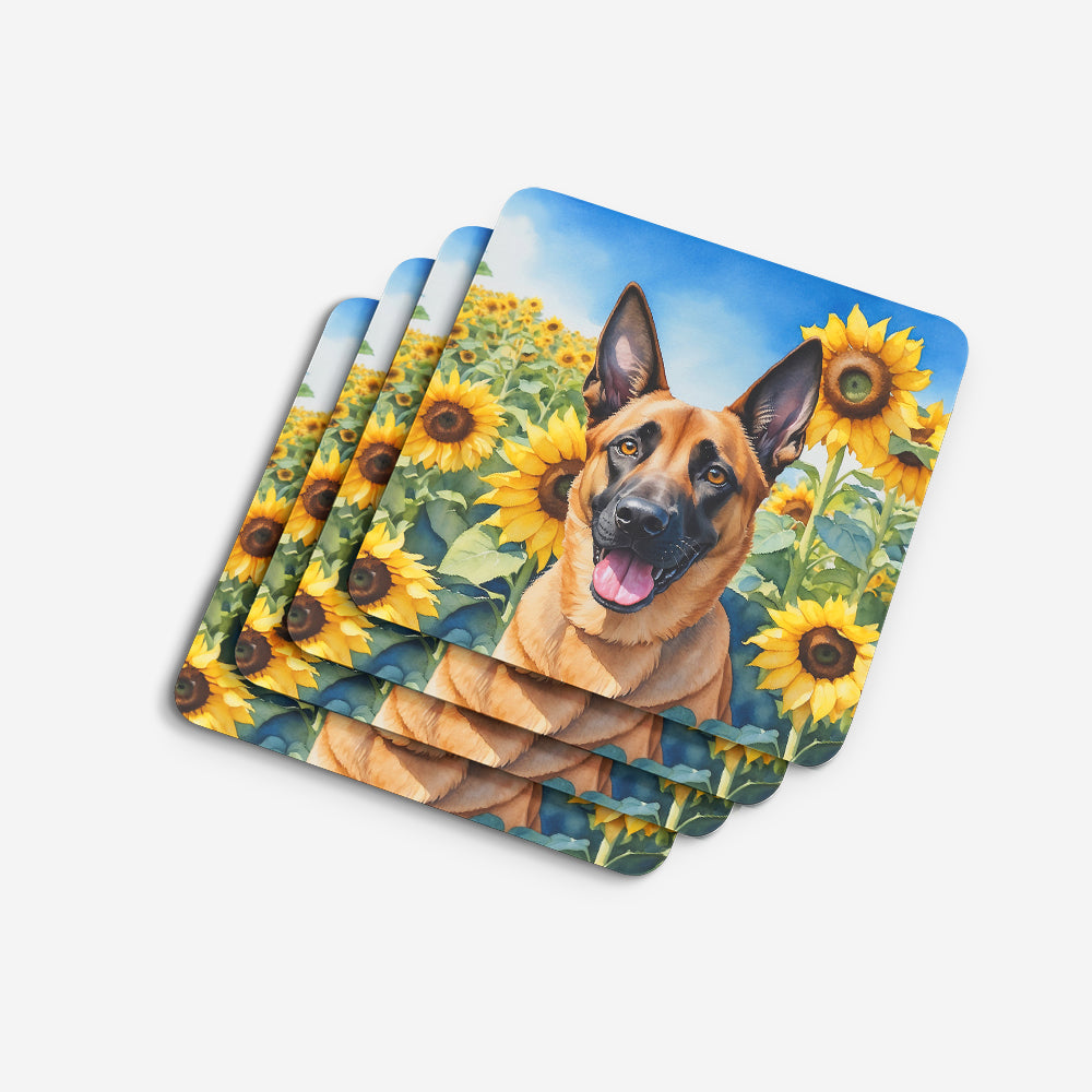 Belgian Malinois in Sunflowers Foam Coasters Set of 4 Cup Coasters for Indoor Outdoor, Tabletop Protection, Anti Slip, Mouse pad Material