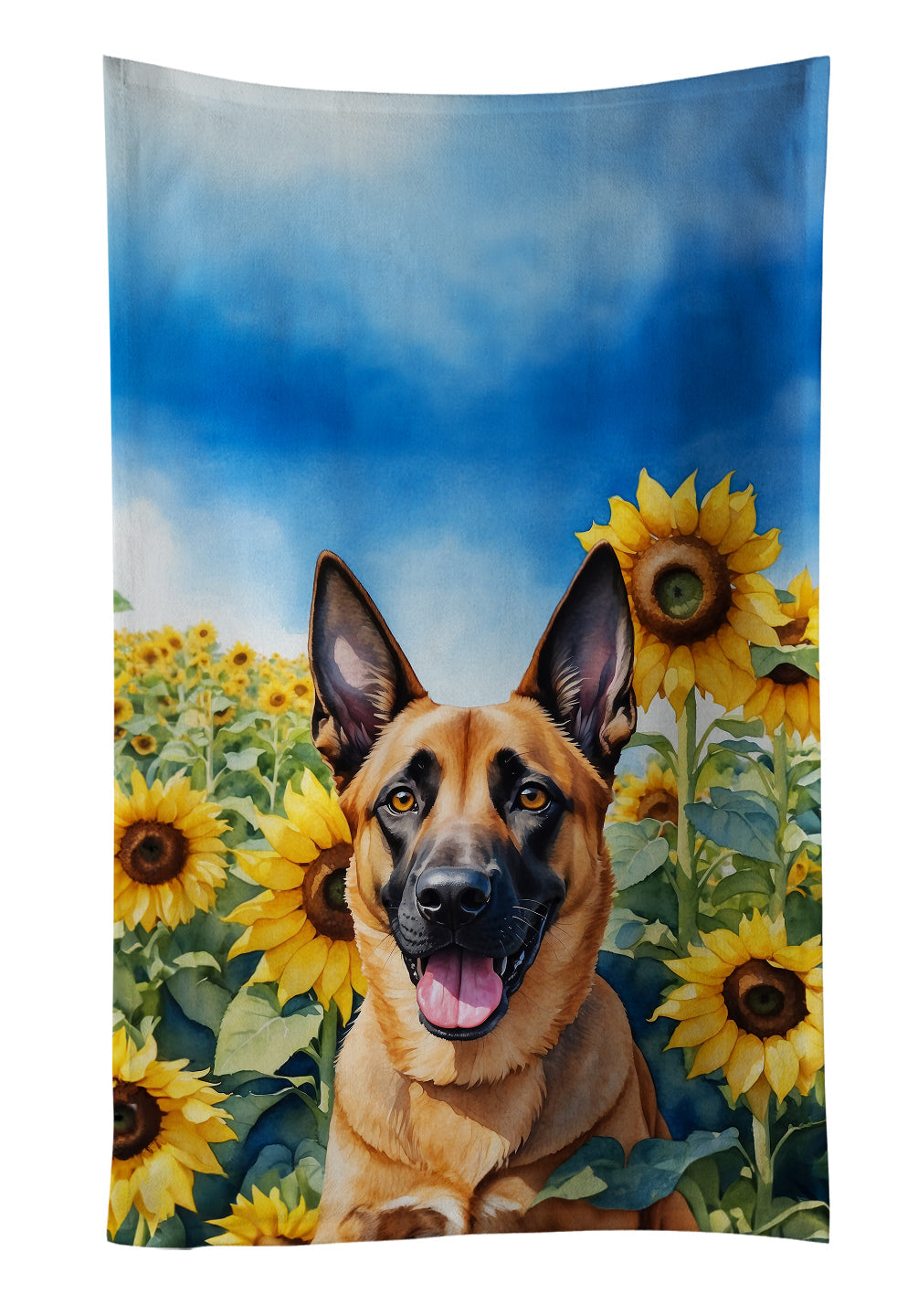 Belgian Malinois in Sunflowers Kitchen Towel Velour Plush Front and Cotton Loop Back Machine Washable