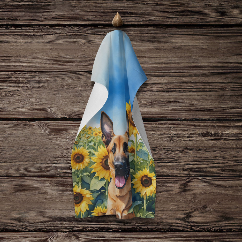 Belgian Malinois in Sunflowers Kitchen Towel Velour Plush Front and Cotton Loop Back Machine Washable